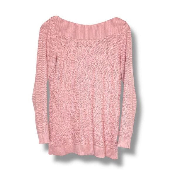 LOFT Dusty Pink Cable Knit Cotton Wide Neck Long Length Sweater Women’s Size XS - Picture 7 of 10